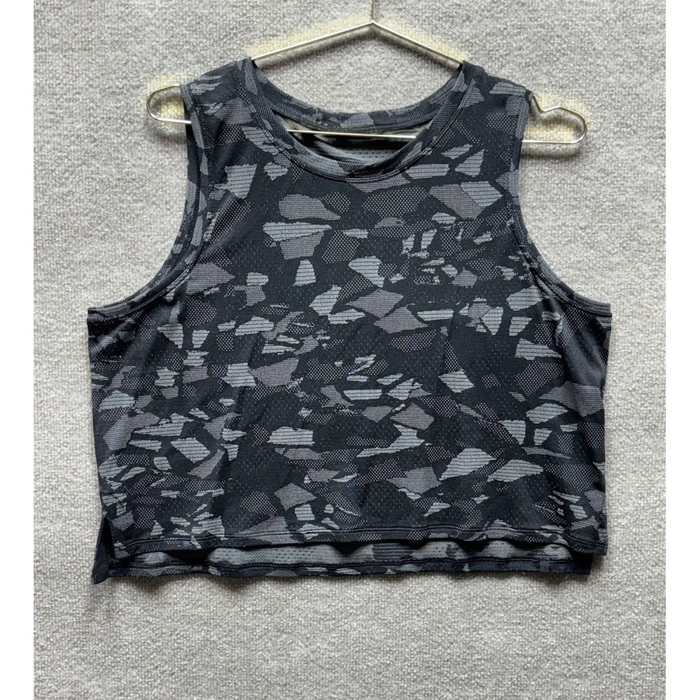 Lululemon Tank Top Women 10 Black Camo Relaxed Crop Split Hem Perforated EUC